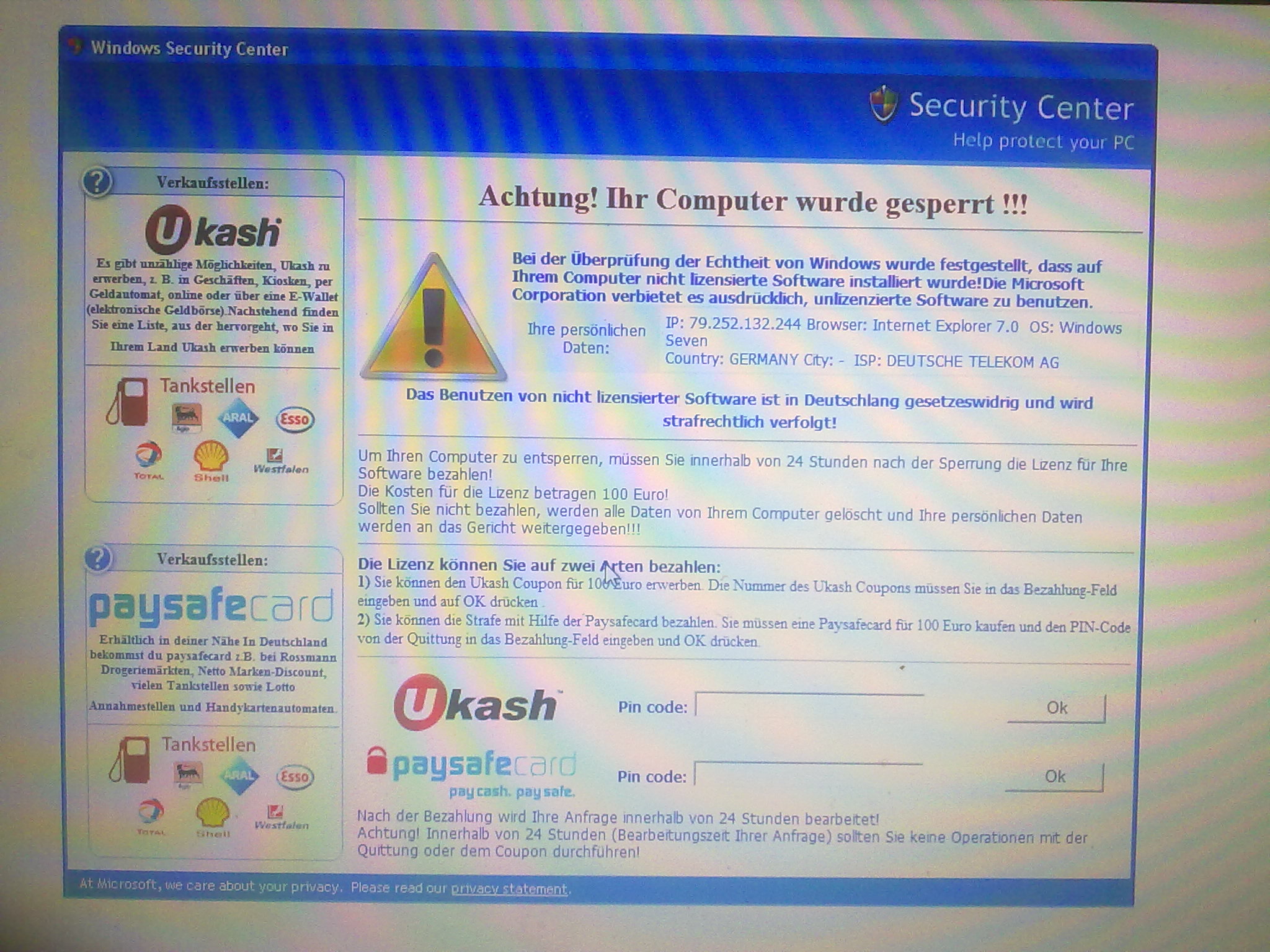 Achtung! Ihr Computer wurde Gesperrt Windows Security Center Virus?
