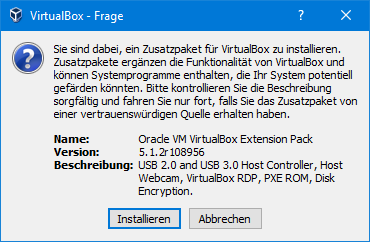 VirtualBox mit dem Extension Pack um zusätzliche Funktionen erweitern