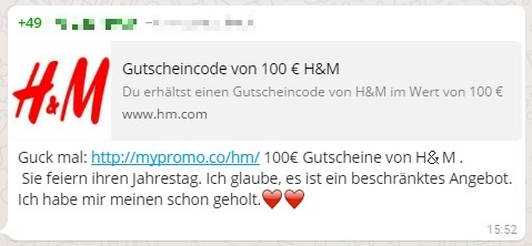 Die nächste Welle von Kettenbriefen, Schadsoftware und Abzocke: WhatsApp Gold, 100€ H&M Gutschein & co.