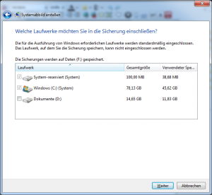 Weitere Laufwerke und Partitionen können in das Systemabbild eingeschlossen werden